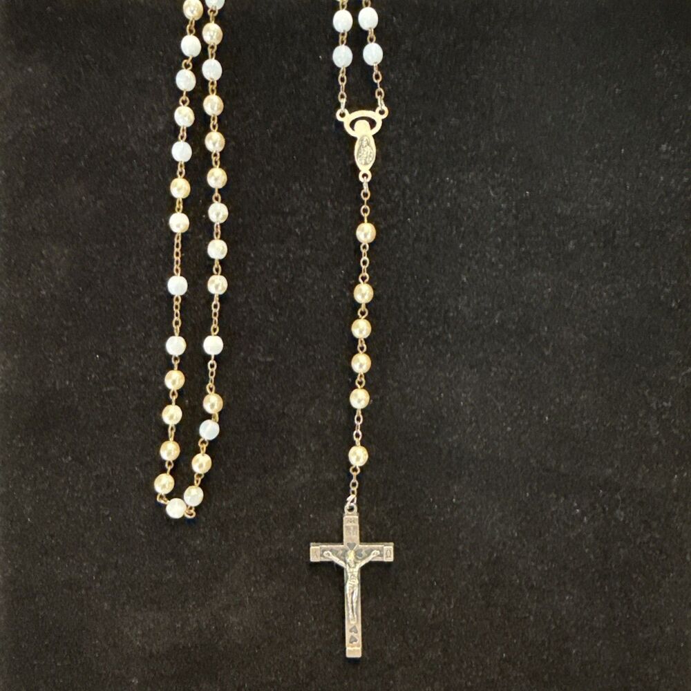 Vintage Italian Rosary Pearly Beads Pewter Crucifix Alpha & Omega Italy